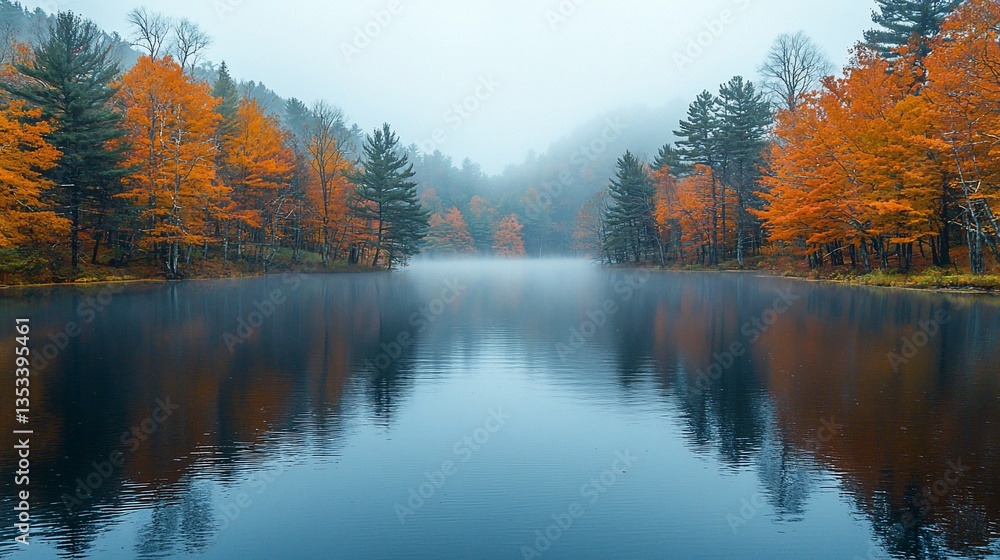 Misty autumn lake reflecting colorful trees. Misty autumn lake reflecting colorful trees.