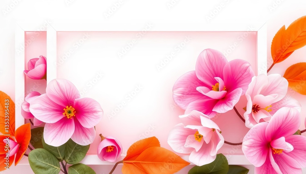 Fototapeta premium Delicate pink & white abstract floral banner; white frame, orange leaf texture, minimal, leaves