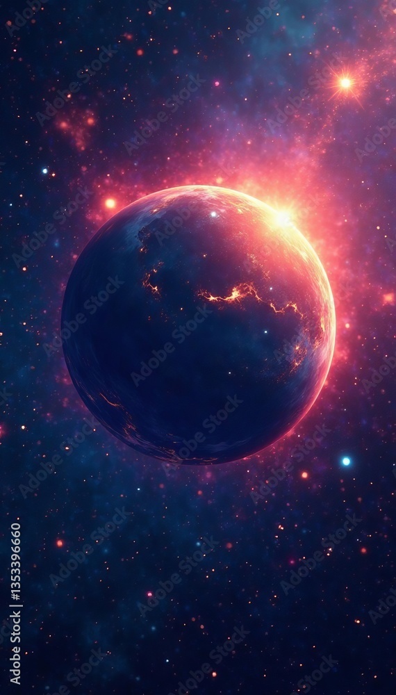 Obraz premium Dramatic illustration of a planet shattering into pieces amidst colorful nebulae and bright stars, cataclysm, astronomy, universe
