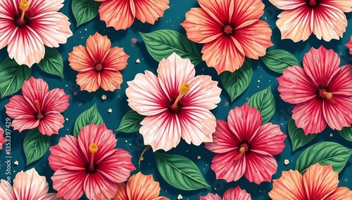 Elegant and colorful hibiscus flower pattern in a seamless design, exotic, garden, delicate