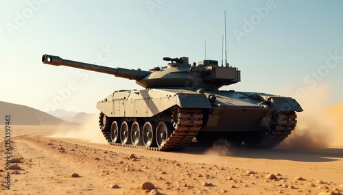 A sleek and powerful armored tank standing out in a barren desert landscape, desert, futuristic, sand