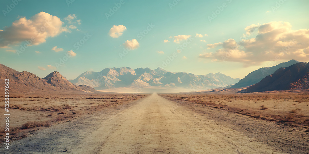 Naklejka premium Scenic Road Through Grasslands Leading to Majestic Mountains