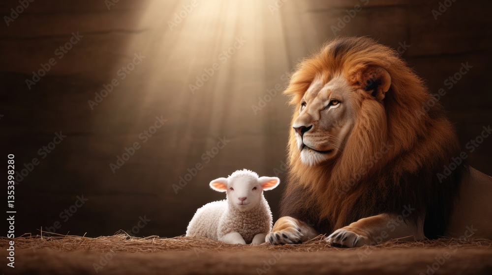 A serene scene of a lion nuzzling a lamb, with heavenly light shining down, depicting biblical meaning.