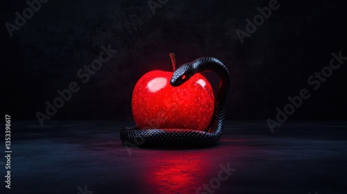 A striking red apple with a black snake coiled around it, glowing under eerie lighting.