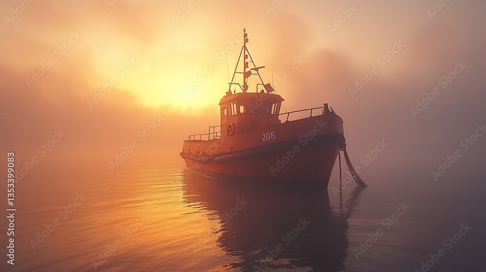 Orange tugboat at sunrise in foggy water. Orange tugboat at sunrise in foggy water.