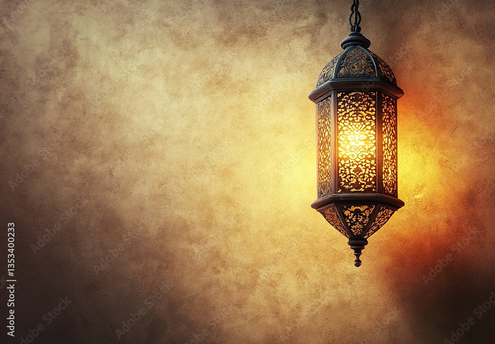 A hanging Arabic-style lantern with intricate cutout patterns, emitting warm yellow light, blurred brown wall background A hanging Arabic-style lantern with intricate cutout patterns, emitting warm yellow light, blurred brown wall background