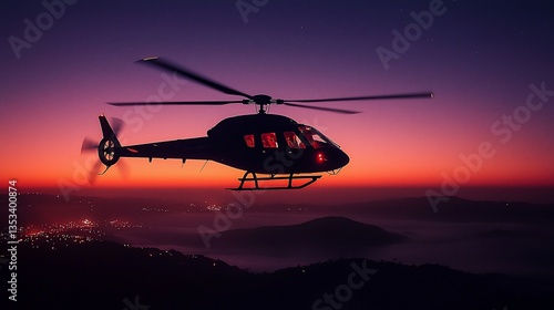 Helicopter flying at sunset over city.