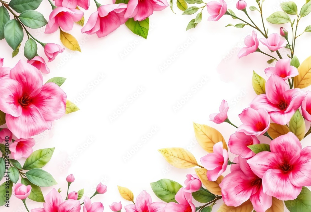 Obraz premium Delicate pink floral watercolor frame with lush leaves and soft washes, border, shabby chic