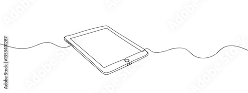 Single line, continuous, tablet line art vector illustration with transparent background editable stroke.