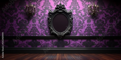 An ornate black framed mirror hanging on a purple patterned wall