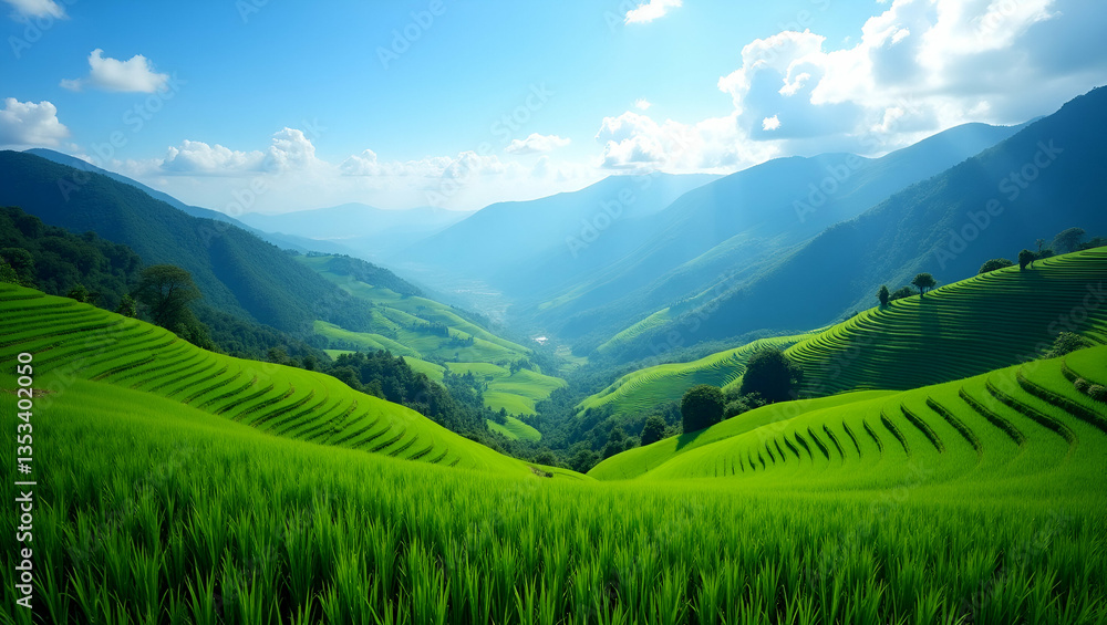 Breathtaking Panoramic View of Lush Rice Terraces Under Blue Sky Breathtaking Panoramic View of Lush Rice Terraces Under Blue Sky