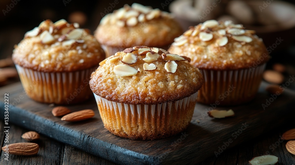 Delicious almond topped muffins on a wooden board Delicious almond topped muffins on a wooden board