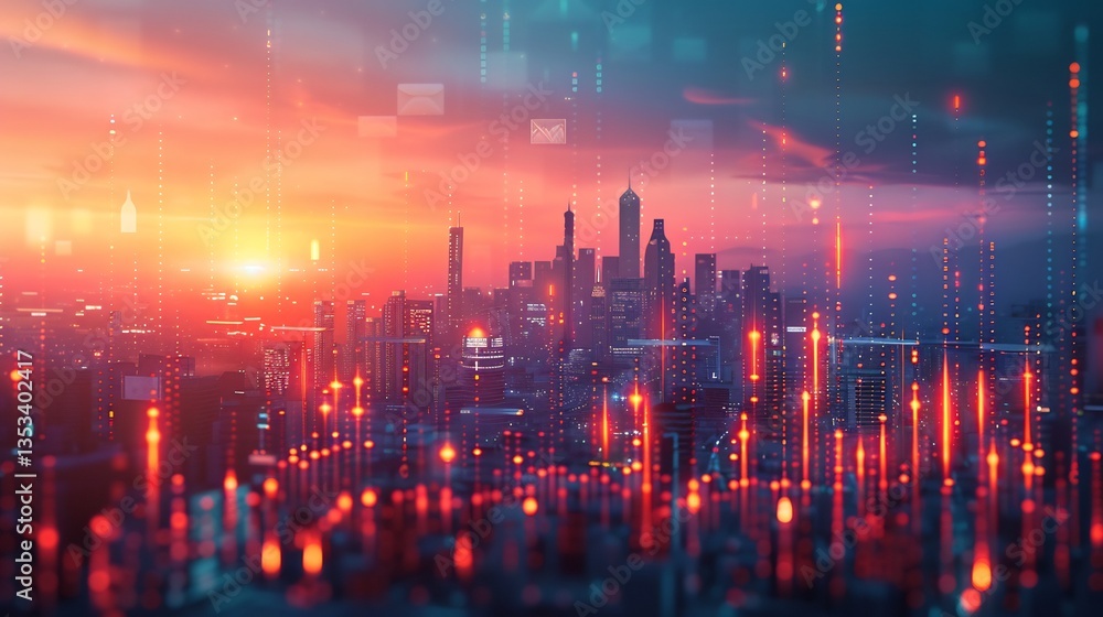 Fototapeta premium High resolution conceptual rendering of thriving economy with glowing geometric skyscrapers digital trade and financial prosperity indicators