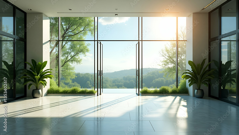 Fototapeta premium Bright modern lobby large glass windows greenery polished flooring showcasing scenic outdoor view concept as Modern lobby with large glass windows greenery polished flooring and scenic outdoor view in