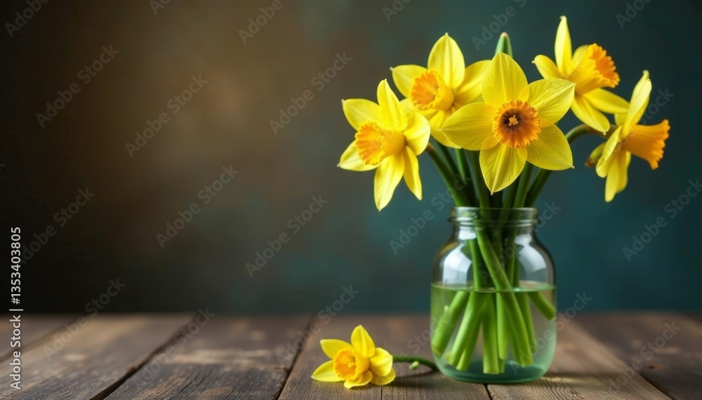 Beautiful daffodil bouquet in glass vase on rustic wooden table, Floral, Rustic Beautiful daffodil bouquet in glass vase on rustic wooden table, Floral, Rustic