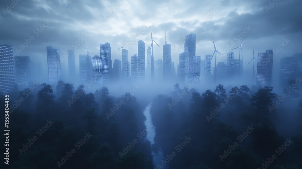 Fototapeta premium Futuristic city skyline with wind turbines surrounded by misty forest and a river.