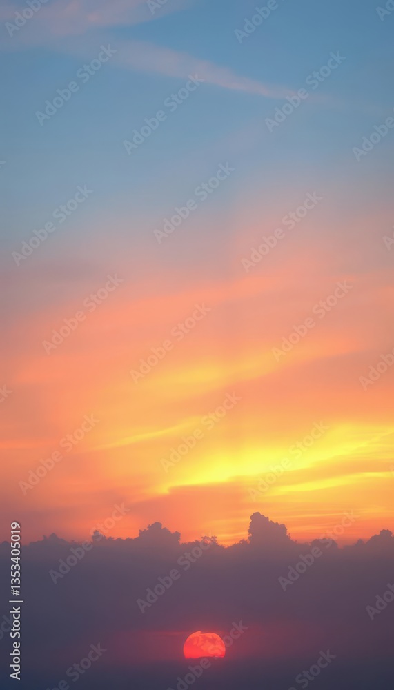 Naklejka premium Soft blue twilight sky merging with warm sunset hues, peaceful heavenly glow, beautiful, light, clouds