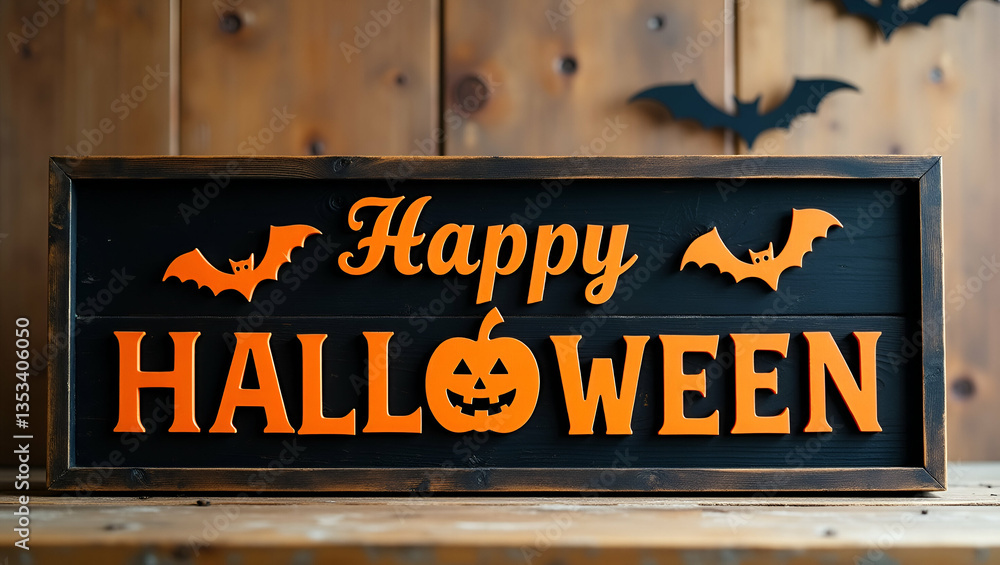 Fototapeta premium Festive Halloween Sign in Black and Orange: Happy Halloween with Decorative Bats on Wooden Background - Perfect Photo Stock Concept with Empty Space for Customization