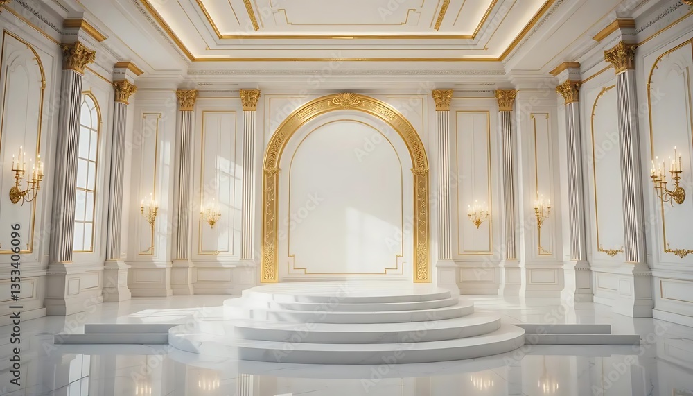 Obraz premium Elegant and Grand Indoor Stage Design with White Marble Steps and Golden Accents in Luxurious Setting