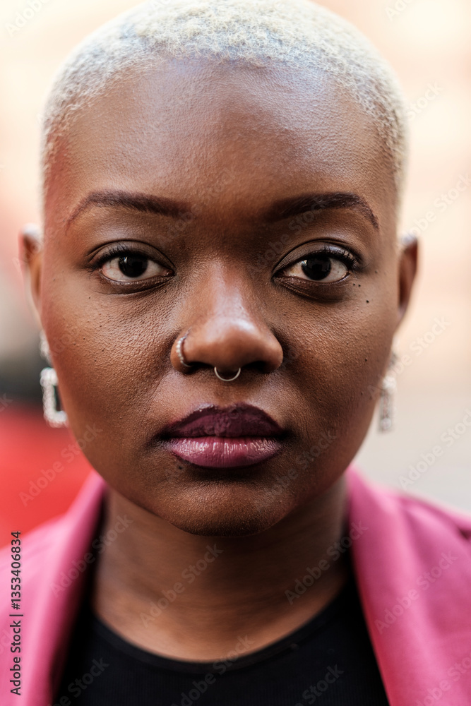 Obraz premium Confident businesswoman with short blonde hair and nose piercing posing for portrait