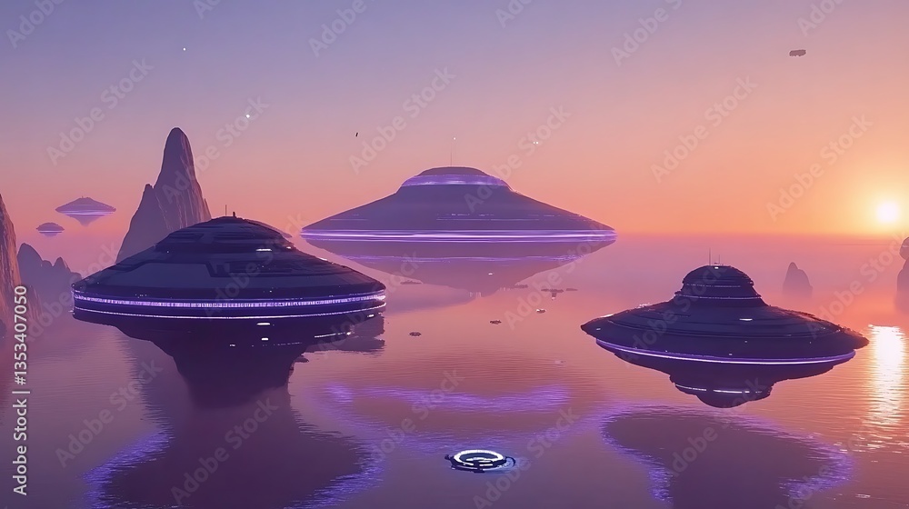 Futuristic spacecraft hover above reflective water in a landscape Futuristic spacecraft hover above reflective water in a landscape