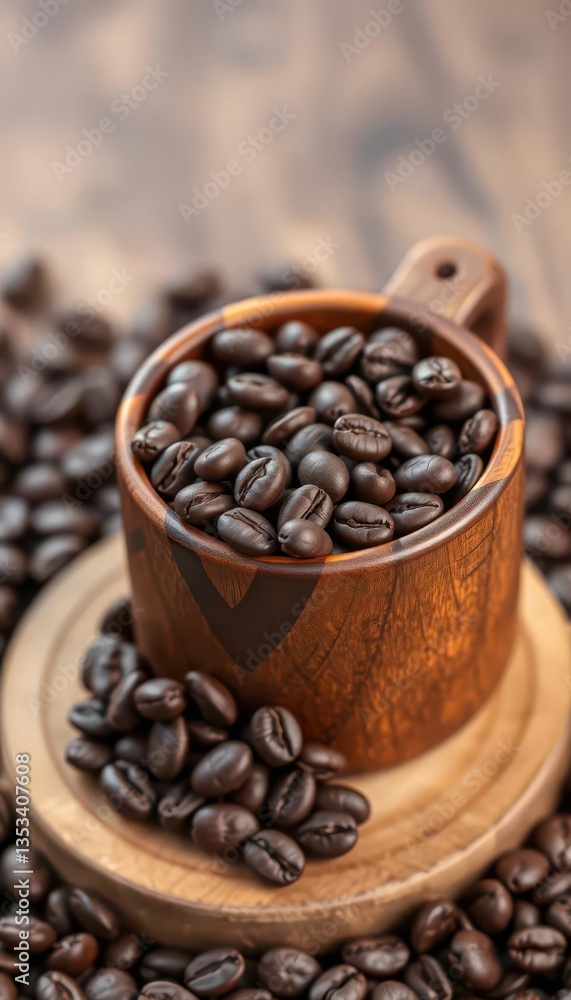 Fototapeta premium Wooden cup overflowing with dark roasted coffee beans, rustic, drinkware