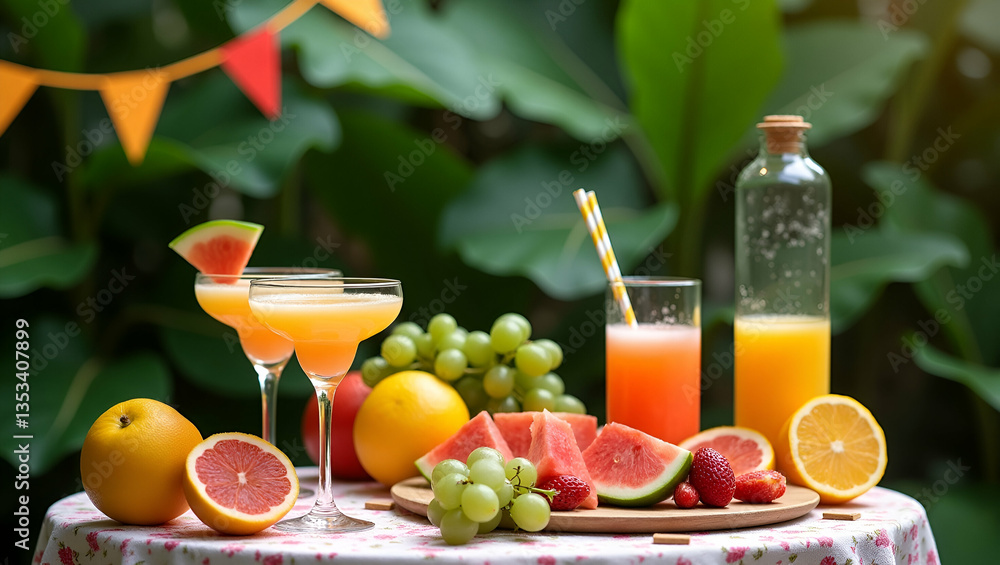 Fototapeta premium Flat Lush tropical garden setting for a chic summer party complete with fruity drinks and vibrant decorations concept as Lush tropical garden setting for a chic summer party complete with fruity drink