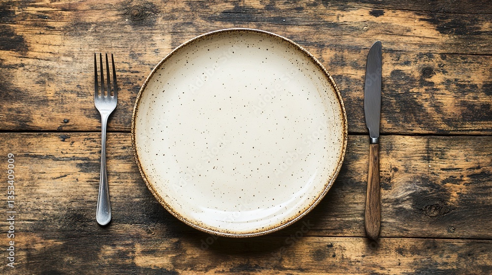 An empty white ceramic plate with brown speckles on the edges, placed on a wooden table, a fork on the left and a knife on the right, rough wooden texture An empty white ceramic plate with brown speckles on the edges, placed on a wooden table, a fork on the left and a knife on the right, rough wooden texture