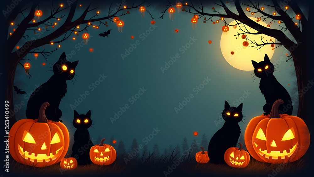 Black cats and pumpkins border frame with mystical copy space for Halloween concept as Mysterious black cats and carved pumpkins framing mystical space for Halloween messages in Photo Stock Concept Black cats and pumpkins border frame with mystical copy space for Halloween concept as Mysterious black cats and carved pumpkins framing mystical space for Halloween messages in Photo Stock Concept
