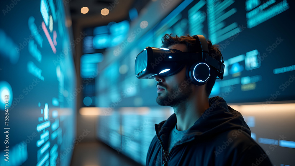 Man in VR Glasses Immersed in Virtual Metaverse: Showcasing Global Internet Connection & Futuristic Technology Innovation - Stock Photo with Space for Text Man in VR Glasses Immersed in Virtual Metaverse: Showcasing Global Internet Connection & Futuristic Technology Innovation - Stock Photo with Space for Text