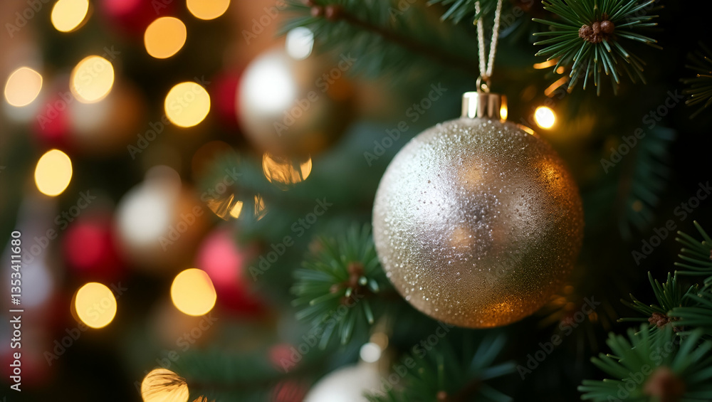 Closeup of Silver Bauble on Christmas Tree: Festive Elegance & Holiday Charm with Copy Space Closeup of Silver Bauble on Christmas Tree: Festive Elegance & Holiday Charm with Copy Space