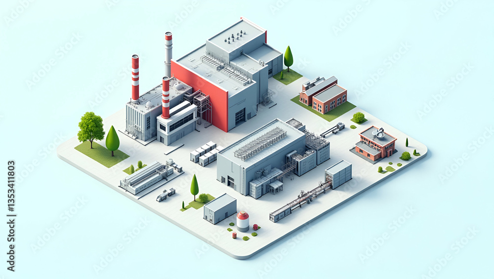 Isometric Illustration of Paper Mill: Factory Buildings & Machinery Showcasing Industrial Processes Isometric Illustration of Paper Mill: Factory Buildings & Machinery Showcasing Industrial Processes