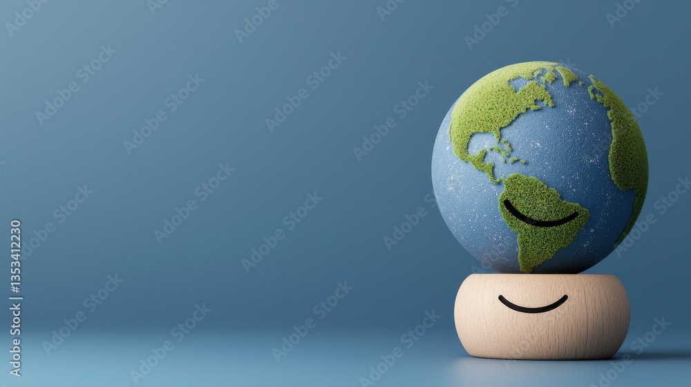 Fototapeta premium A smiling globe symbolizing positivity and environmental awareness on a simple base.