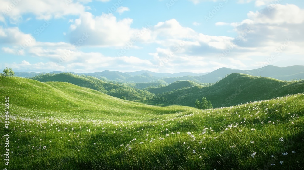 Obraz premium Serene landscape showcasing rolling green hills under a clear blue sky with fluffy clouds and distant mountains