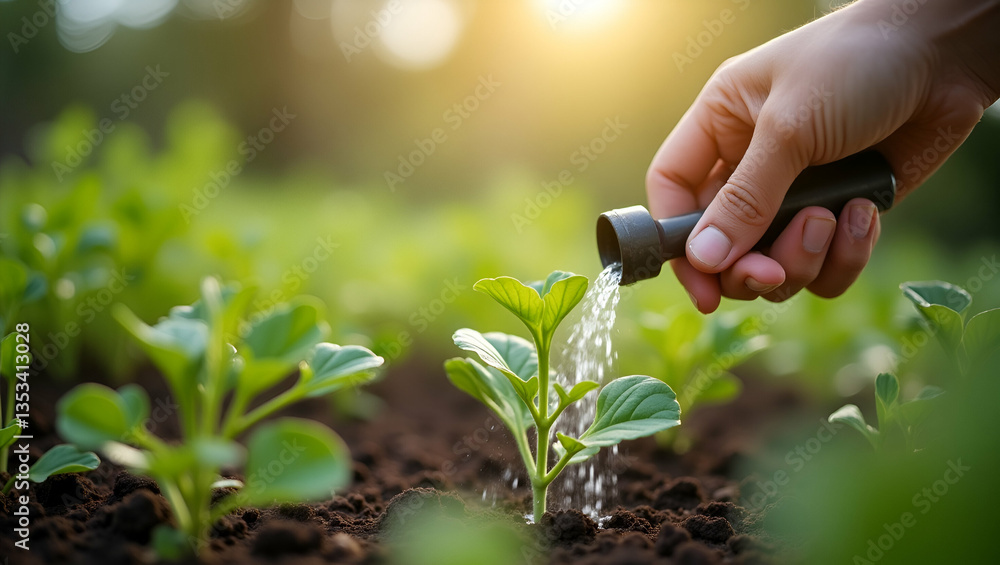 Fototapeta premium Close up woman hand watering a green young plant illustrating gardening plant care and sustainable living concept as Close up of a womans hand watering a young green plant illustrating gardening plant
