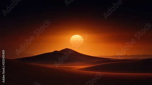 Desert sunrise, fiery orange sun rising over dunes