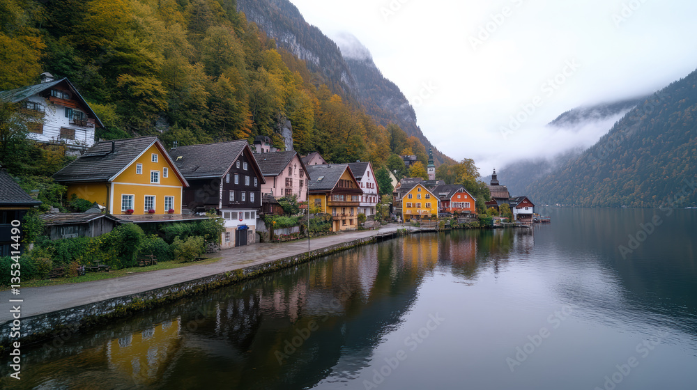 Fototapeta premium picturesque view of Hallstatt, Austria, featuring colorful houses along serene lake