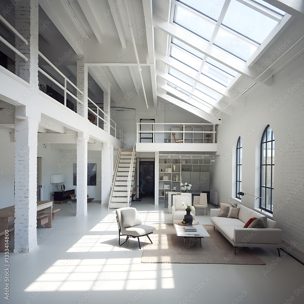 Fototapeta premium A bright, minimalist loft apartment featuring skylights, white walls, an open floor plan, a staircase, and modern furniture. Sunlight streams through the large windows and skylights.