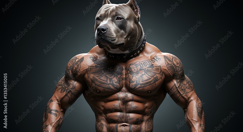 Muscular Dog Bodybuilder with Tattoos Posing in Studio with Serious Look Muscular Dog Bodybuilder with Tattoos Posing in Studio with Serious Look