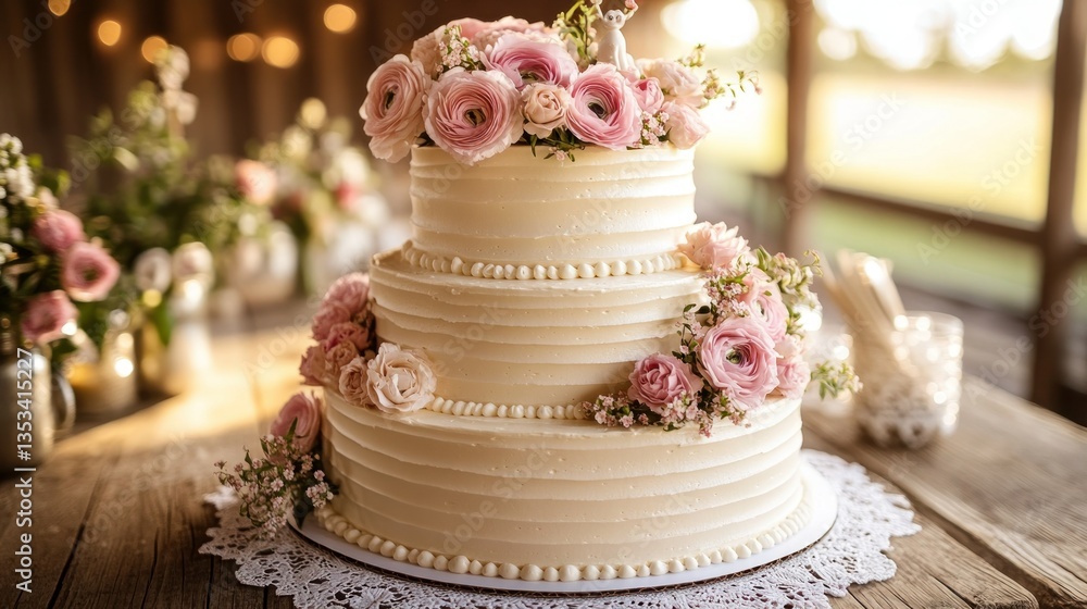 Elegant three-tiered wedding cake adorned with delicate pastel pink flowers Elegant three-tiered wedding cake adorned with delicate pastel pink flowers