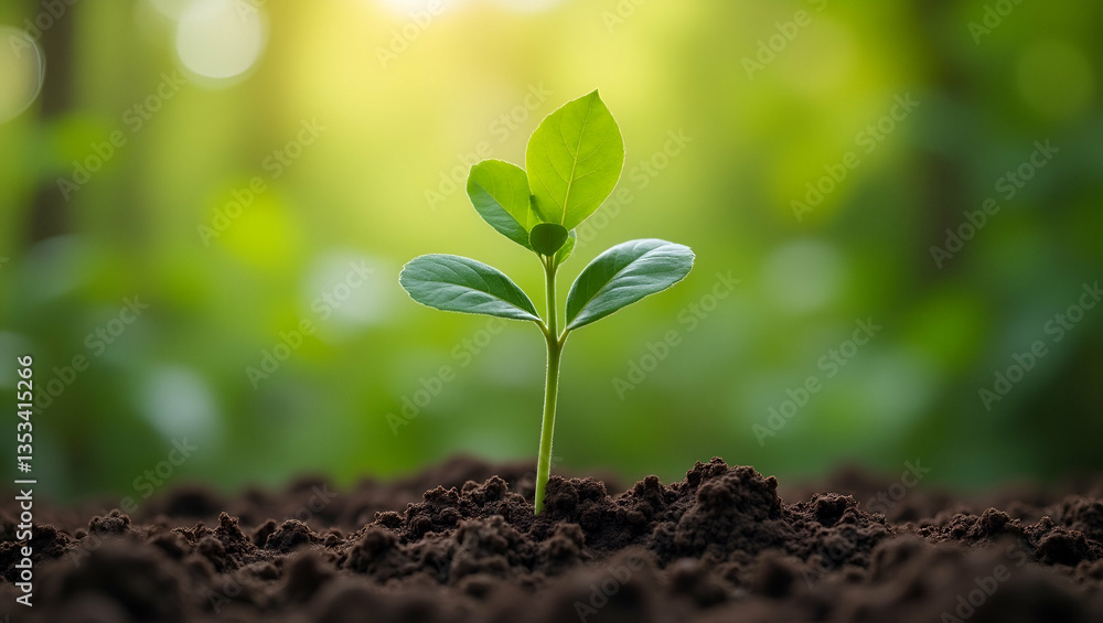 Fototapeta premium Young Tree Planted in Fertile Garden Soil: A Stunning Photo Stock Concept Showcasing Growth, Natural Beauty, and Ample Empty Space for Creative Use