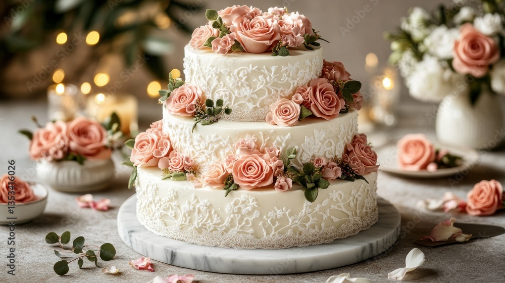 Elegant three-tiered wedding cake adorned with delicate pink roses and lace-like icing. A beautiful display of floral artistry Elegant three-tiered wedding cake adorned with delicate pink roses and lace-like icing. A beautiful display of floral artistry
