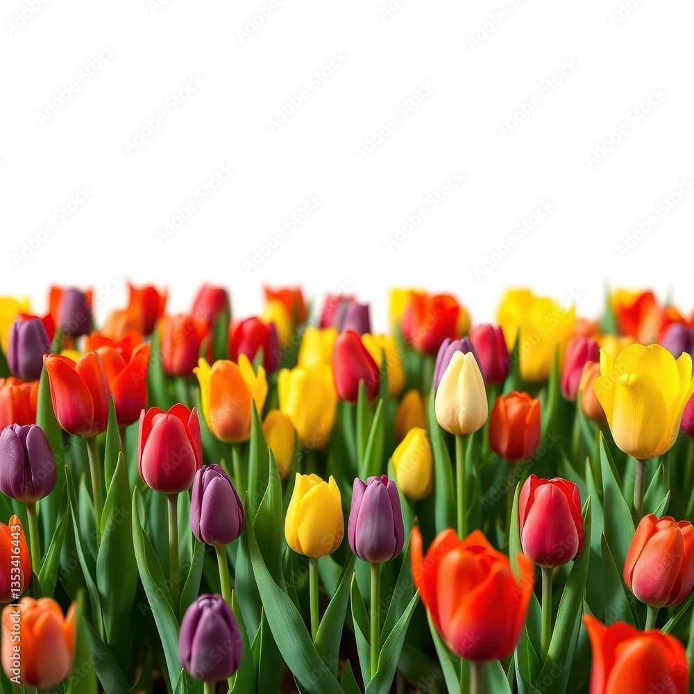 Vibrant spring tulips in a neat row, showcasing various colors, flora, flowers Vibrant spring tulips in a neat row, showcasing various colors, flora, flowers