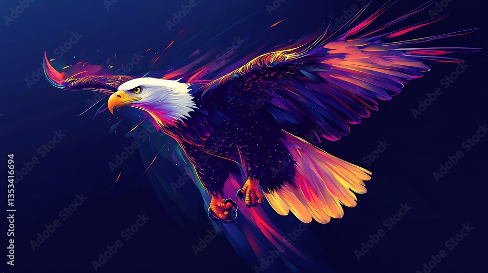 Obraz premium Dynamic illustration of a soaring american bald eagle with vibrant colors
