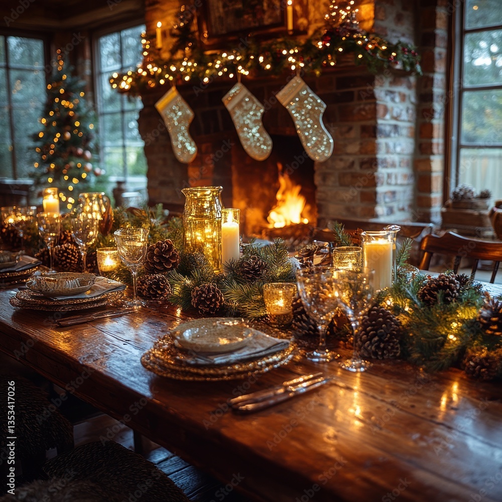 Cozy Christmas Dining Table Decor with Fireplace and Festive Decorations Cozy Christmas Dining Table Decor with Fireplace and Festive Decorations