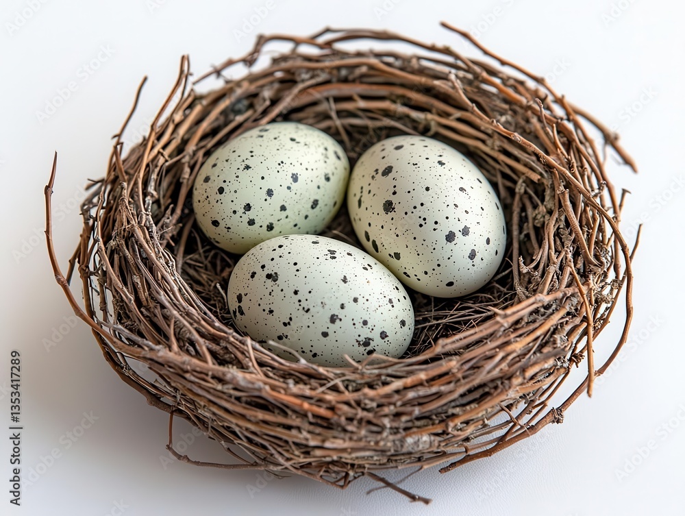 A small bird's nest with three speckled eggs inside, resting gently on a white surface