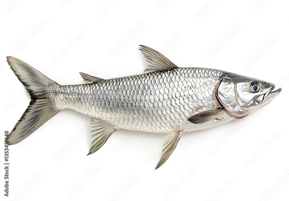 A silver fish with fine scales, strong reflective effect, placed on a solid white background, the fish has a slender shape, detailed textures on the tail and fins A silver fish with fine scales, strong reflective effect, placed on a solid white background, the fish has a slender shape, detailed textures on the tail and fins