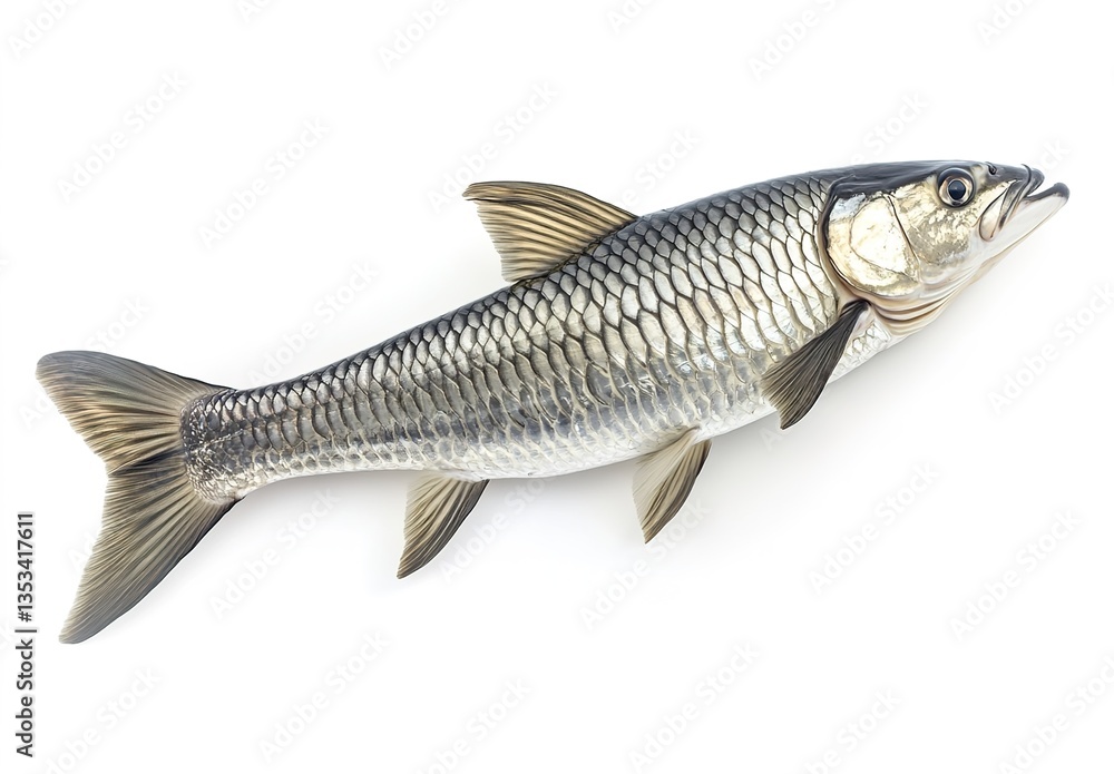 A silver fish with fine scales, strong reflective effect, placed on a solid white background, the fish has a slender shape, detailed textures on the tail and fins A silver fish with fine scales, strong reflective effect, placed on a solid white background, the fish has a slender shape, detailed textures on the tail and fins