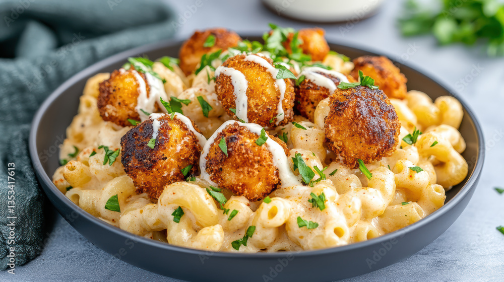 Creamy mac and cheese topped with crispy chicken bites and fresh herbs Creamy mac and cheese topped with crispy chicken bites and fresh herbs