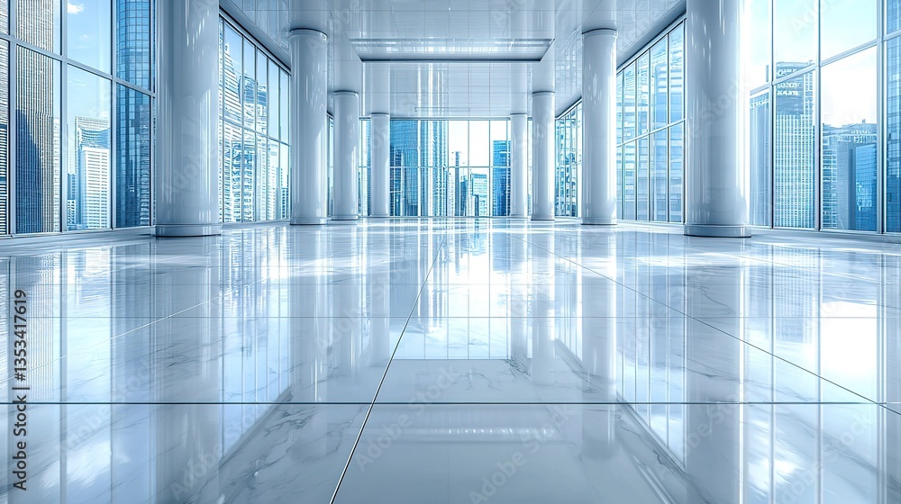 A modern spacious hallway with city buildings through windows A modern spacious hallway with city buildings through windows